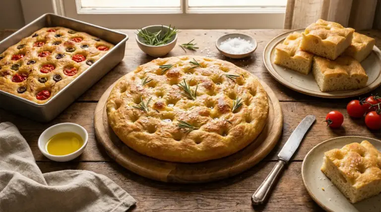 Focaccia dorata con rosmarino su tagliere, con olio, sale e varianti con pomodorini e olive in teglia