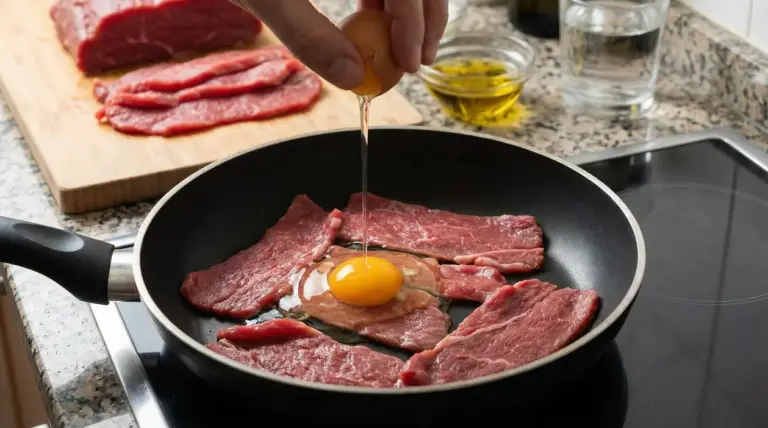 Fettine di carne cruda in padella con un uovo rotto al centro