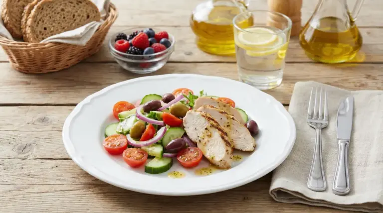 Piatto con insalata di pollo, pomodorini, cetrioli, olive e cipolla rossa su tavolo rustico