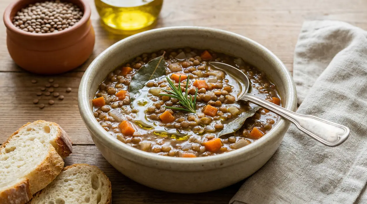 Zuppa di lenticchie con carote, alloro e rosmarino servita in una ciotola di ceramica