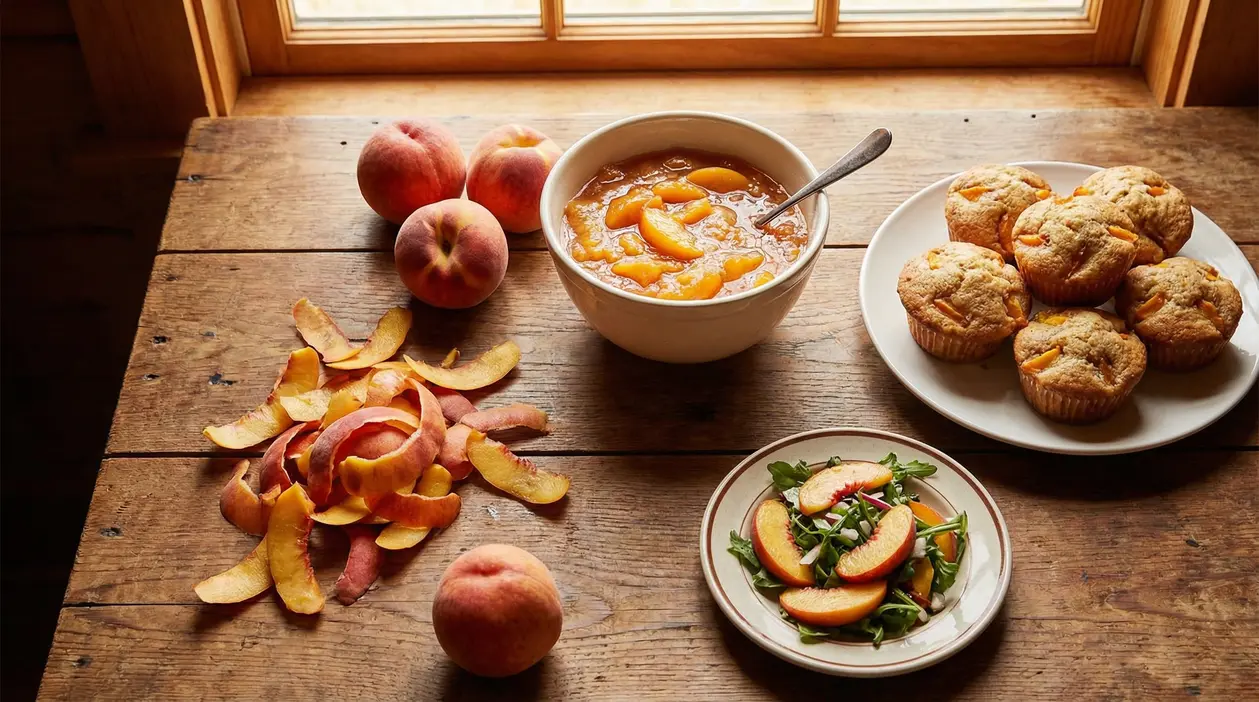 Preparazioni culinarie con pesche fresche, bucce di pesca, muffin, insalata e composta su un tavolo rustico