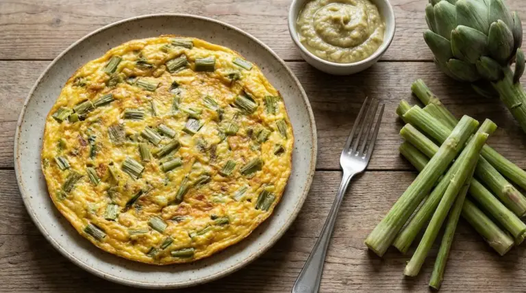 Frittata con gambi di carciofo su piatto, con crema di carciofi e gambi freschi su tavolo di legno