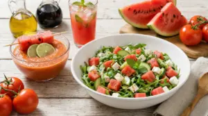 Insalata estiva con cocomero, rucola, cetriolo e feta, con bevanda e spicchi di anguria sullo sfondo