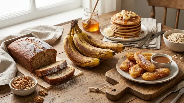 Banane molto mature su tavolo con banana bread, pancake con fette di banana e frittelle, miele e noci