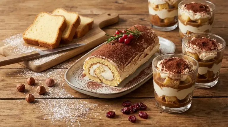Dolci al cucchiaio e rotolo al cacao preparati con pandoro riciclato su tavolo di legno, con fettine e zucchero a velo