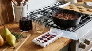 Vino avanzato in cucina: caraffa, stampo per cubetti e pentola con sugo in cottura sul fornello