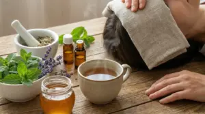Persona con impacco sulla fronte circondata da rimedi naturali come erbe, oli essenziali e una tisana.