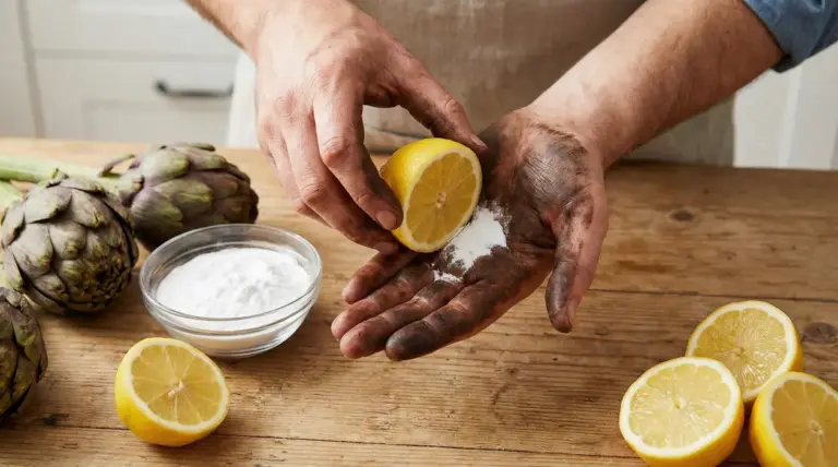 Mani sporche di nero da carciofi trattate con limone e bicarbonato su un tavolo di legno