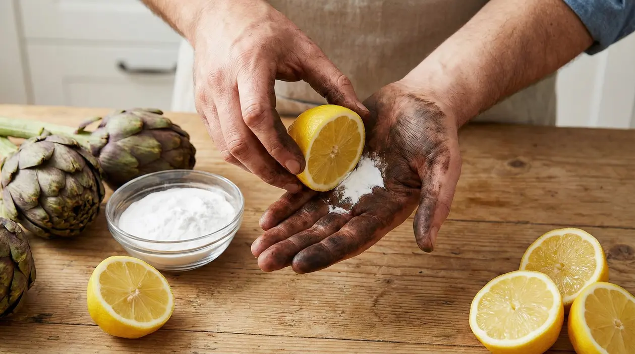 Mani sporche di nero da carciofi trattate con limone e bicarbonato su un tavolo di legno