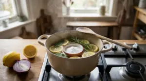 Pentola sul fornello con acqua, fette di limone, rosmarino e bicarbonato che sobbollono per eliminare odori di fritto