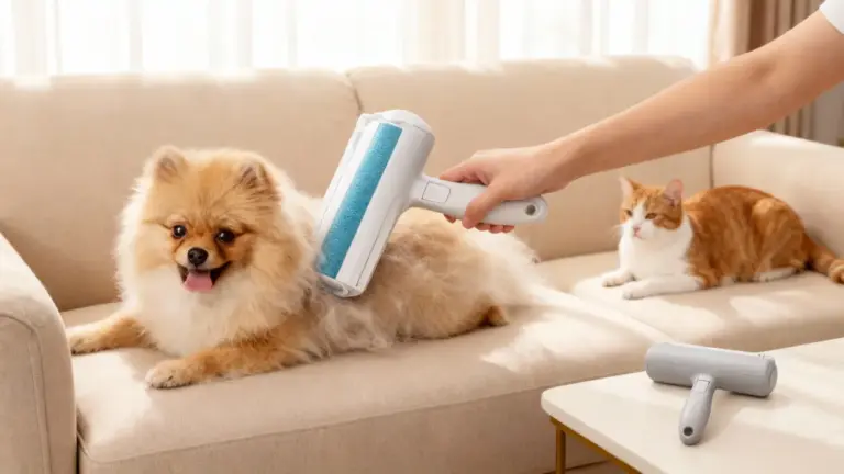 Rullo levapelucchi usato su un cane su un divano con accanto un gatto