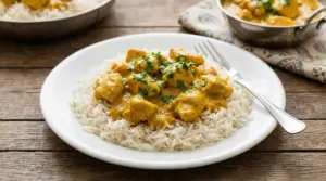 Piatto di riso basmati con pollo al curry servito su un piatto bianco