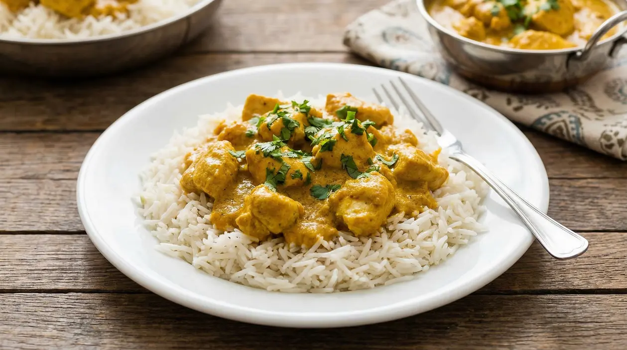 Piatto di riso basmati con pollo al curry servito su un piatto bianco