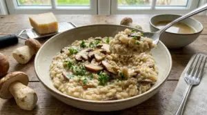 Piatto di risotto ai funghi porcini cremoso con scaglie di parmigiano, porcini freschi e cucchiaio in primo piano