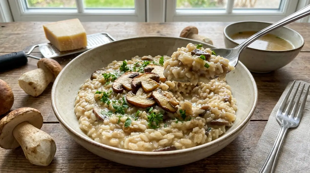 Piatto di risotto ai funghi porcini cremoso con scaglie di parmigiano, porcini freschi e cucchiaio in primo piano