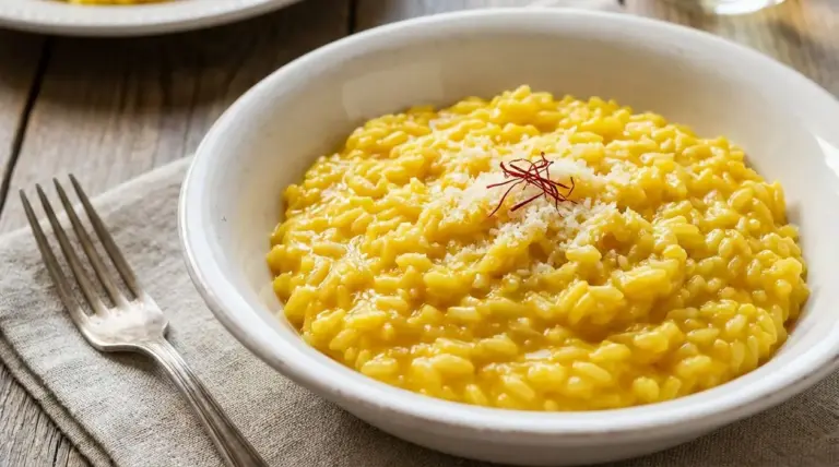 Piatto di risotto alla milanese con zafferano, servito con parmigiano grattugiato