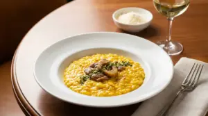 Piatto di risotto alla milanese con ossobuco guarnito, servito su un tavolo con vino e formaggio.