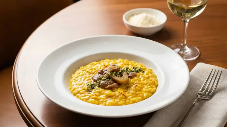 Piatto di risotto alla milanese con ossobuco guarnito, servito su un tavolo con vino e formaggio.