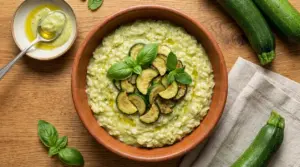 Ciotola di risotto alle zucchine cremoso con rondelle di zucchina, basilico e olio su tavolo di legno