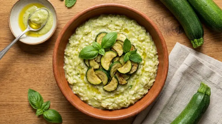 Ciotola di risotto alle zucchine cremoso con rondelle di zucchina, basilico e olio su tavolo di legno