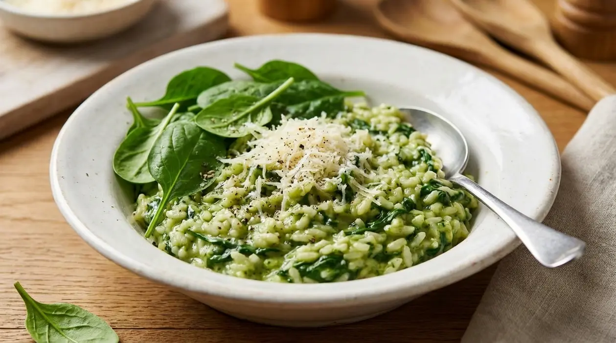 Piatto di risotto cremoso agli spinaci con parmigiano grattugiato e foglie fresche di spinaci