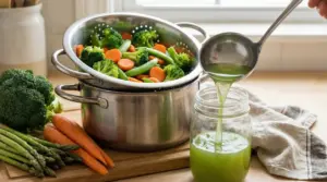 Acqua di cottura delle verdure versata in un barattolo di vetro accanto a un colapasta con ortaggi