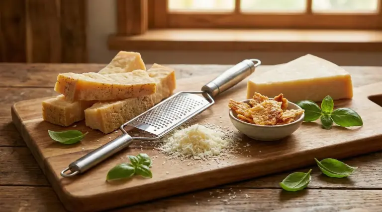 Scaglie e bucce di Parmigiano Reggiano con grattugia su tagliere di legno