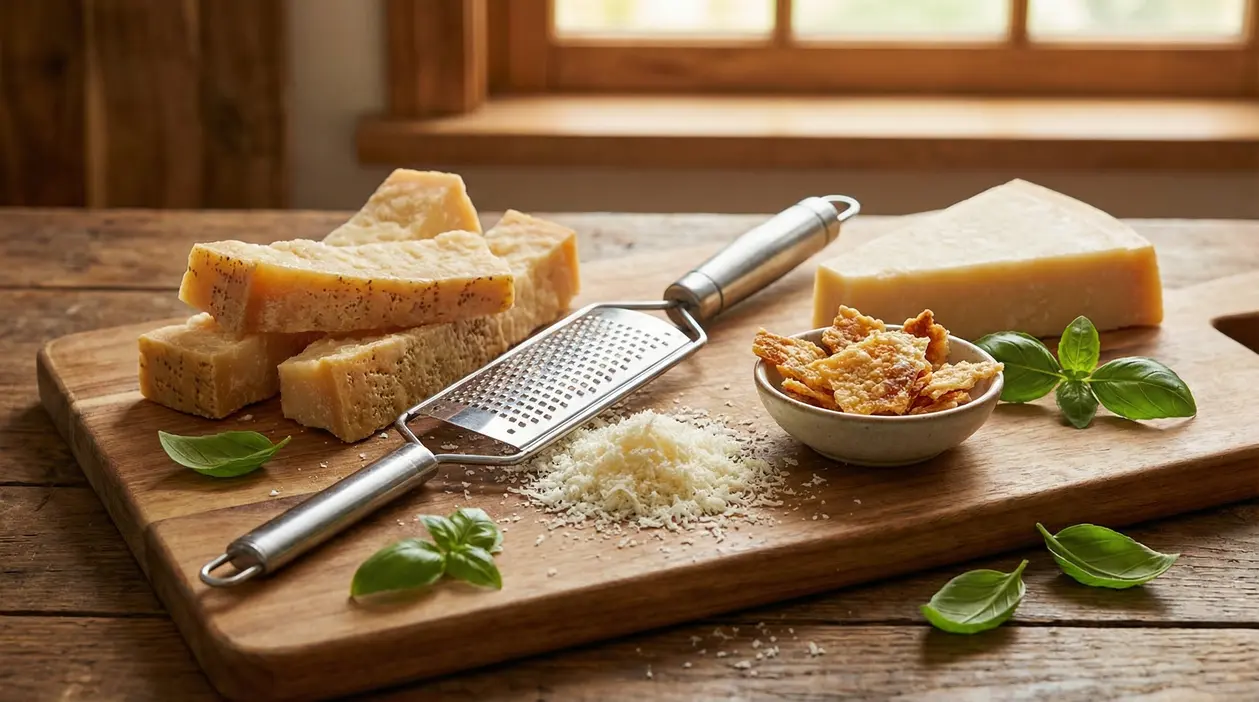 Scaglie e bucce di Parmigiano Reggiano con grattugia su tagliere di legno
