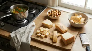 Croste e pezzi di formaggio su tagliere vicino a una pentola di brodo sul fornello, per riutilizzarle in cucina