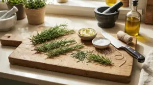 Rami di rosmarino freschi su un tagliere con sale, burro alle erbe e coltello da cucina