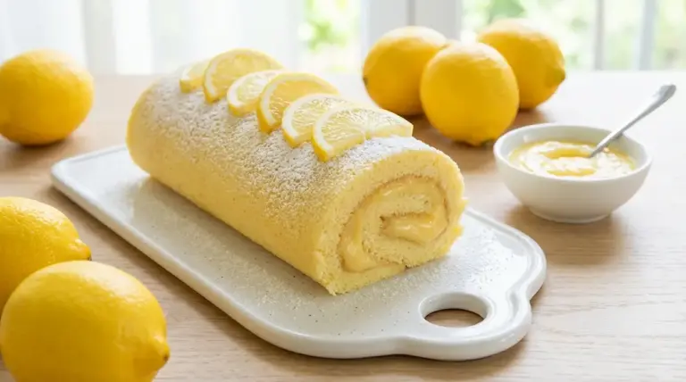 Rotolo al limone con crema e zucchero a velo, decorato con fette di limone su tagliere, con limoni sullo sfondo