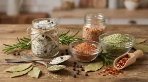 Vasetti e ciotole con sale aromatizzato e spezie su tavolo di legno, con rosmarino e grani di pepe