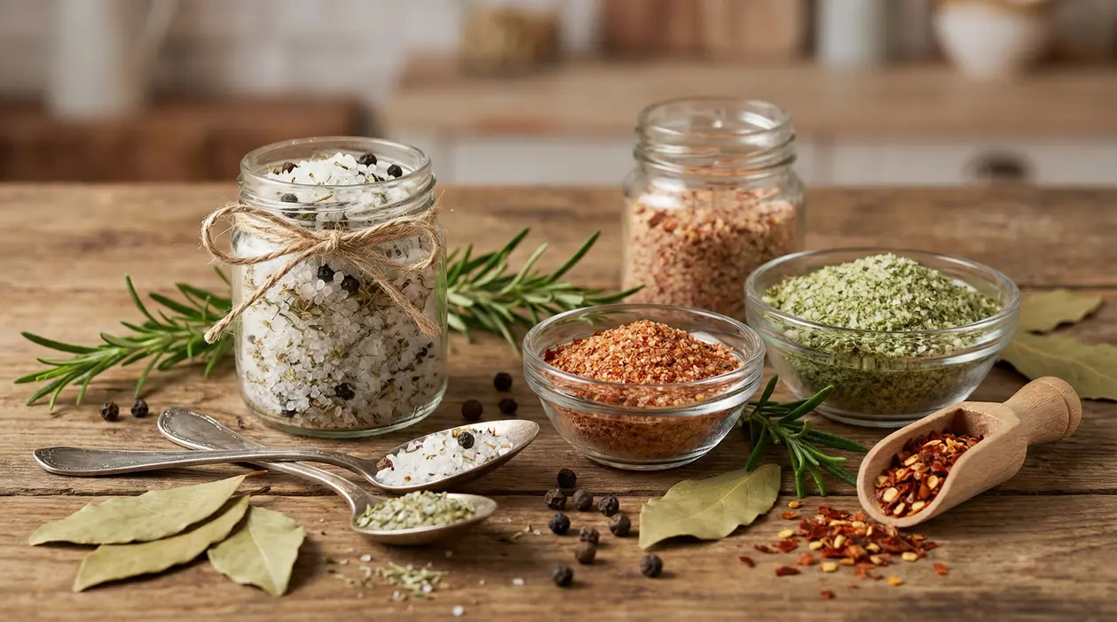Vasetti e ciotole con sale aromatizzato e spezie su tavolo di legno, con rosmarino e grani di pepe