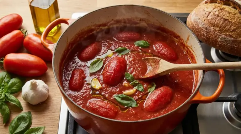 Pentola con salsa di pomodoro densa in cottura lenta su fornello, con basilico e aglio