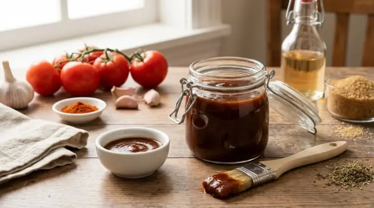 Barattolo di salsa barbecue fatta in casa su tavolo di legno con ciotolina, pennello da cucina e ingredienti