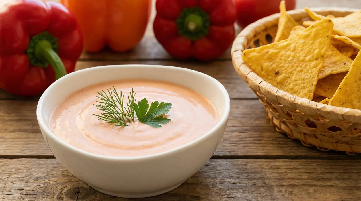 Ciotola di salsa cremosa con erbe fresche accanto a nachos e peperoni su un tavolo rustico