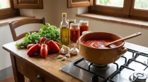 Pentola di salsa di pomodoro sul fuoco con pomodori, basilico, aglio e olio in una cucina rustica