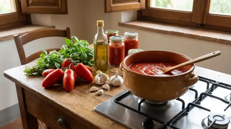 Pentola di salsa di pomodoro sul fuoco con pomodori, basilico, aglio e olio in una cucina rustica