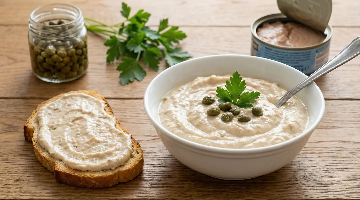 Ciotola di salsa cremosa al tonno con capperi e prezzemolo, accanto a una fetta di pane spalmata su tavolo in legno