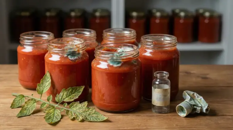 Barattoli di salsa di pomodoro con muffa su un tavolo di legno
