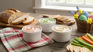 Tre ciotole con salse colorate su tavolo rustico accanto a pane, cracker e verdure crude