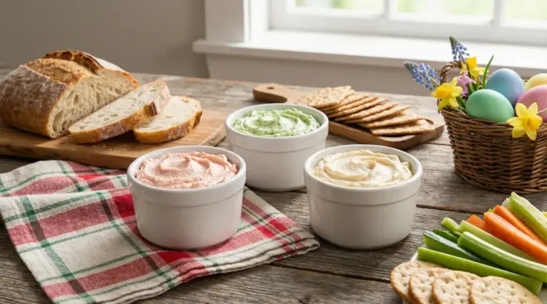 Tre ciotole con salse colorate su tavolo rustico accanto a pane, cracker e verdure crude