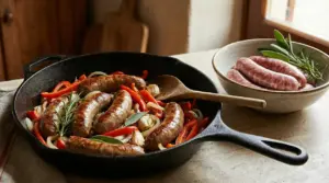 Salsicce cotte in padella con peperoni, cipolle e erbe aromatiche accanto a salsicce crude in una ciotola.