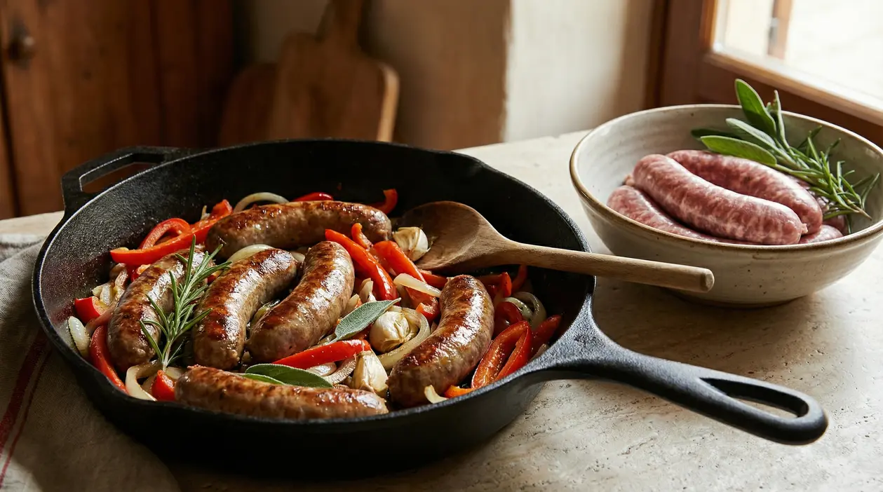 Salsicce cotte in padella con peperoni, cipolle e erbe aromatiche accanto a salsicce crude in una ciotola.