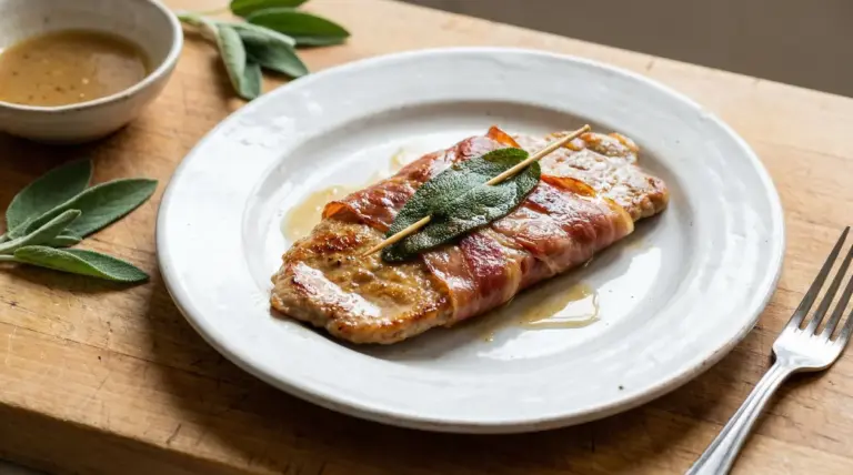 Un piatto di saltimbocca alla romana con foglia di salvia e prosciutto, servito su un piatto bianco