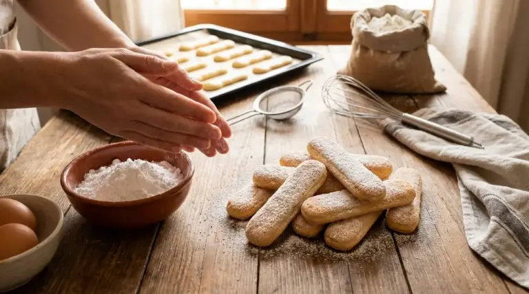 Savoiardi fatti in casa spolverati di zucchero a velo su tavolo di legno, con teglia e ingredienti per la ricetta