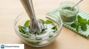 Menta fresca con zucchero in una ciotola, frullata con un mixer a immersione per preparare zucchero alla menta