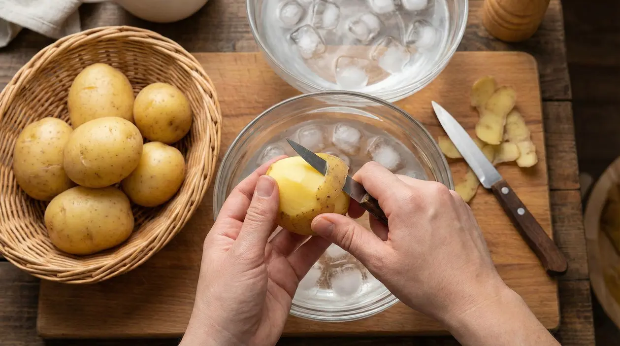 Mani che sbucciano una patata lessa sopra una ciotola con acqua e ghiaccio