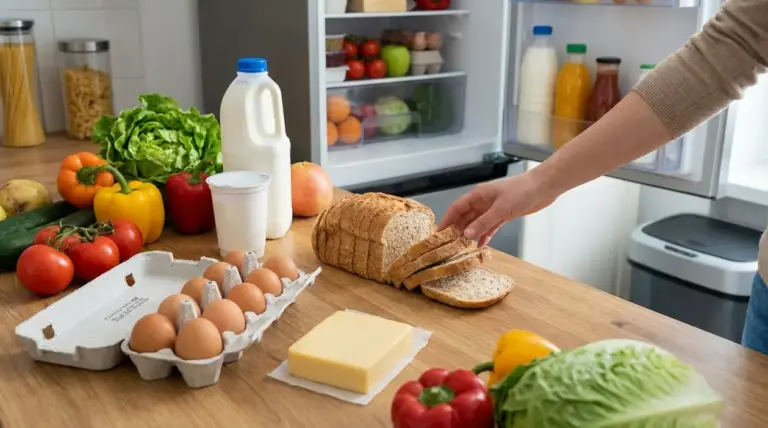 Alimenti freschi sul tavolo vicino al frigorifero aperto, con latte, uova, pane, verdure e formaggio