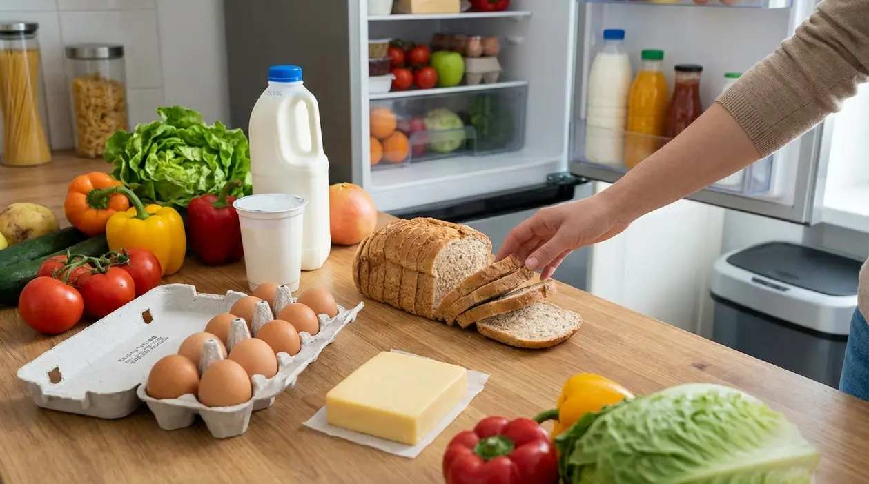 Alimenti freschi sul tavolo vicino al frigorifero aperto, con latte, uova, pane, verdure e formaggio